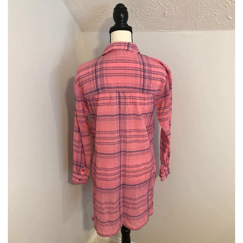 Anthro Pilcro Plaid Tunic XS Pink Blue Henley Pintuck High Low Shirt - Picture 4 of 11